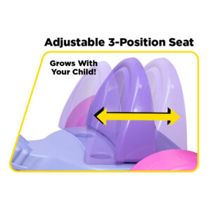 A diagram showing an adjustable 3-position seat with a purple backrest for a child's toy. A yellow arrow indicates the adjustability of the seat, and the text reads "Adjustable 3-Position Seat Grows With Your Child!.