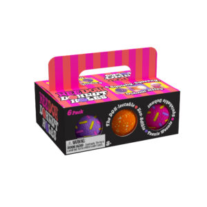 A box of 'NeeDoh Dohnut Holes' sensory balls, designed to look like a 6-pack of donut holes. The packaging is black with pink and orange stripes on the handle and top. The front of the box features images of two sensory balls: one purple with pink and yellow sprinkles, and one orange with white sprinkles. The text on the box includes phrases like 'The DOH-lectable', 'Squishable', 'Non-Edible', and 'Teenie Weenie'. There is a warning label indicating the toy is for ages 3 and up due to small parts.