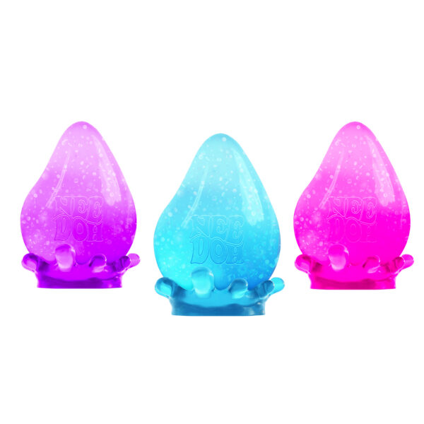 Three NeeDoh sensory toys are displayed. They are shaped like teardrops and have a gradient design: the left is purple, middle is blue, and right is pink. Each sits in a translucent, splash-like base.