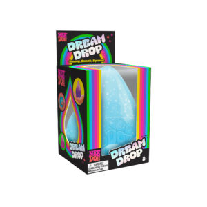 A NeeDoh Dream Drop in its packaging. The packaging is primarily black with rainbow-colored accents and text that reads "Dream Drop" and "NeeDoh". The toy inside is a blue, drop-shaped, squeezable item. Suitable for ages 3 and up.