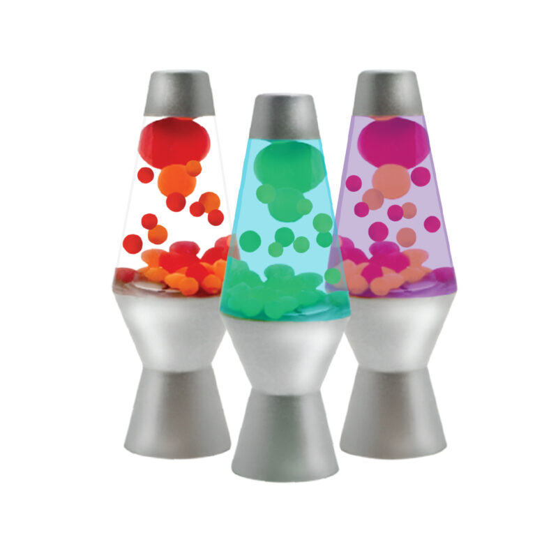 Three small squishy toys in the style of a Lava Lamp with metallic silver bases arranged side by side. From left to right, the lamps contain red and orange, green and blue, and purple and pink illuminating liquid globs.