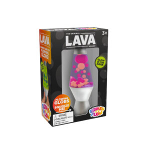 A box of Lava Squish 'N Flow. The packaging indicates it is suitable for ages 3 and up, features flowing globs, and has a glow-in-the-dark function. The box also includes a "Squishy Flow!" label and a warning about choking hazards.