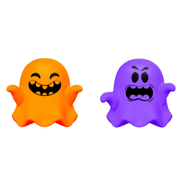 Six squishy ghost toys with various facial expressions are in a line on a white background. There are green, pink, orange, and purple ghosts, and they have various arm arrangements.