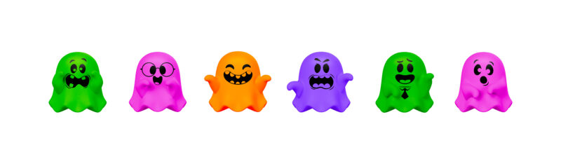 Six squishy ghost toys with various facial expressions are in a line on a white background. There are green, pink, orange, and purple ghosts, and they have various arm arrangements.