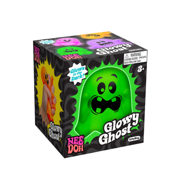 A square black box with a green NeeDoh Glowy Ghost visible from the inside. The side of the package has an image of someone squeezing an orange Glowy Ghost. The package has the product name and warnings visible.