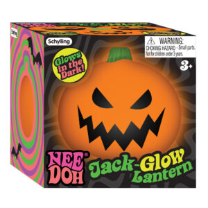 A square black box with an orange NeeDoh Jack-Glow-Lantern visible from the inside. The side of the package has colorful neon rings in the shape of a pumpkin. The package has the product name and warnings visible.