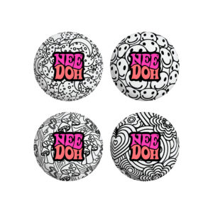 Four different black-and-white patterned NeeDoh Press-Doh sensory squish balls. Patterns include mushrooms, smiley faces, flowers, and stars. Text on each reads "NeeDoh".