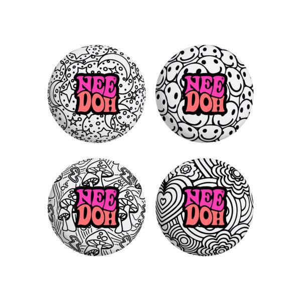 Four different black-and-white patterned NeeDoh Press-Doh sensory squish balls. Patterns include mushrooms, smiley faces, flowers, and stars. Text on each reads "NeeDoh".