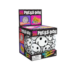 Packaging of the NeeDoh Press-Doh with vibrant text and images. It features the tagline, "The Magic Color Squeeze!" A warning about the choking hazard for small parts is visible at the bottom. Suitable for ages 3+.