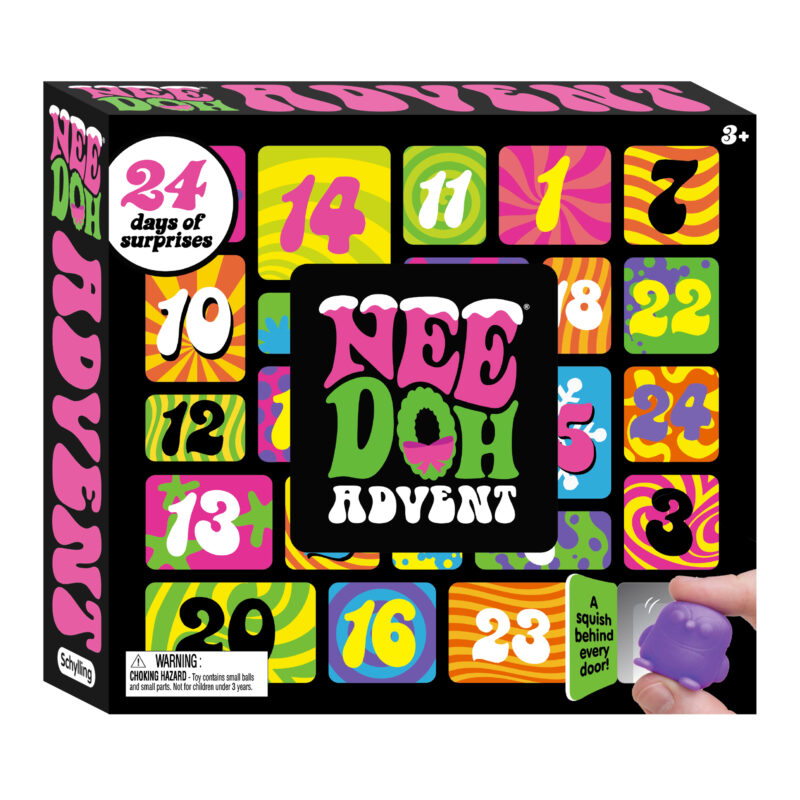 The front of an advent calendar-style box, with numbered doors. The box has a retro 60's/70's style, and the bottom right door is open and a small squishy penguin toy is visible and being held by a hand that shows it is very small. The inside of the door reads "a squish behind every door!". The top left corner of the box reads "24 days of surprises!" The package has the product name and warnings visible.