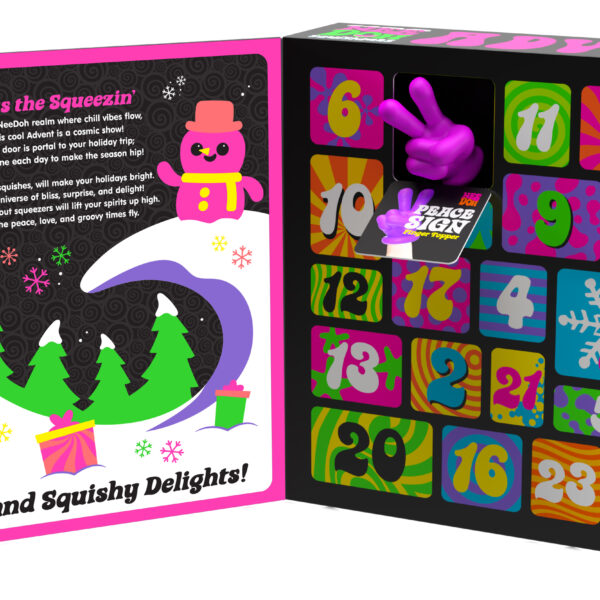 An open advent calendar-style box with a retro neon 60's/70's style.. On the left panel there is a winter scene with a snowman and a poem that reads ""In the NeeDoh realm where good vibes flow, this Advent is a cosmic show! Each door is a portal to your holiday trip; open one each day to make the season hip!"" NeeDoh squishies will make the holidays bright. Its a universe of bliss, surprises and delight! These far-out squeezers will lift your spirits up high Let the peace, love, and groovy times fly!"". The bottom reads ""peace, love, and squishy delights!"". On the right are numbered doors with numbers 1-24 mixed up. The top left door second from the left is open and a small squishy peace sign finger topper is visible.