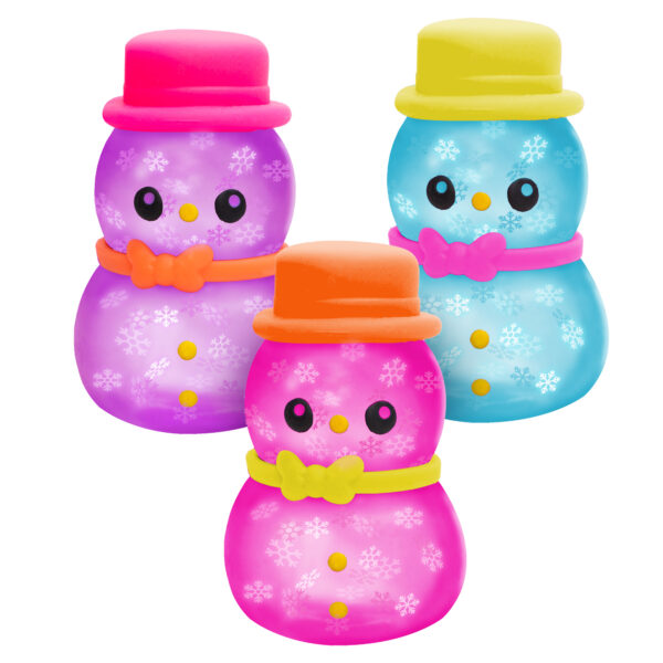 A group of three NeeDoh Groovy the Glowman toys on a white background. There is a purple snowman with snowflakes inside on the top left, a blue snowman with snowflakes inside on the top right, and a pink snowman with snowflakes inside on the bottom.