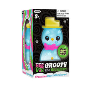 A rectangular black box with a blue NeeDoh Groovy the Glowman visible from the inside. The side of the package shows bright pink, blue, and green colors around a cut out. The package has the product name and warnings visible.