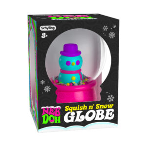 A rectangular black box with a Squish N' Snow Globe with a blue snowman and pink base visible from the inside. The side of the package shows bright pink, blue, and green colors around a cut out. The package has the product name and warnings visible.