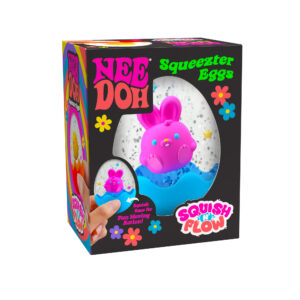 Packaging for a NeeDoh Squeezter Eggs toy. The box has a colorful design with flowers, featuring a photo of a pink, bunny-shaped squishy toy in a clear egg filled with glitter. The text says "Squish & Flow" and "Squeezter Eggs.