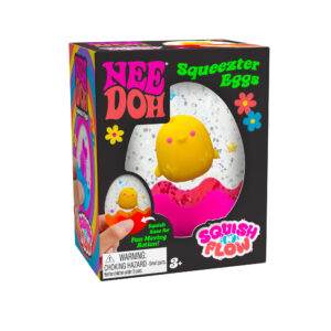 A boxed Nee Doh Squeezer Eggs toy with a colorful design. The packaging features a round, yellow chick inside a clear squishy egg filled with confetti. Text reads, "Squish for Fun Moving Action!" Suitable for ages 3 and up.