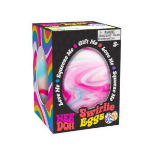 A colorful box with a large egg-shaped window displaying a swirly pink, blue, and white toy inside. The box features vibrant rainbow patterns and text around the window that says "Love Me, Squeeze Me, Gift Me." The product is labeled as "NeeDoh Swirlie Eggs.