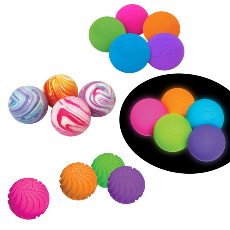 Four groups of Teenie NeeDoh sensory squish balls. The top group is the original Teenie NeeDoh, the middle right group is the Glow in the Dark Teenie NeeDoh, the middle left group is the Teenie NeeDoh Swirl, and the bottom group is the Teenie NeeDoh Ripples.