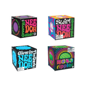 Four boxes, each featuring a different small ball inside. The top left is the original Teenie NeeDoh, the top right is the Teenie NeeDoh Swirl, the bottom left is the Glow in the Dark Teenie NeeDoh, and the bottom right is the Teenie NeeDoh Ripples. Each box includes a circular window and a warning label stating it's for ages 3 and up.