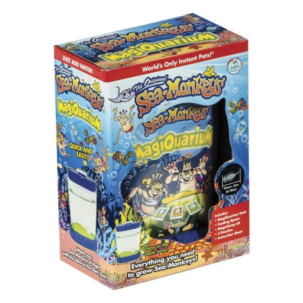 A box sitting at an angle with an opening at the front to see the covered Magiquarium inside. The product name and information is visible on the package.