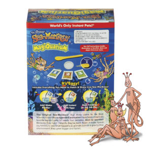 The back of the package is shown, with product information visible. A family of four illustrated Sea-Monkeys are in front of the product. They are illustrations from the 1970's.