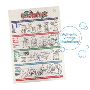 A piece of paper with instrustions for growing Sea-Monkeys and original 1970's illustrations. There is a callout in a circle that reads "Authenitc Vintage Illustrations"