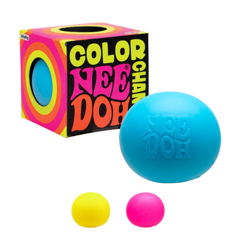NeeDoh Color Change squish ball in blue with the box, plus yellow and pink versions