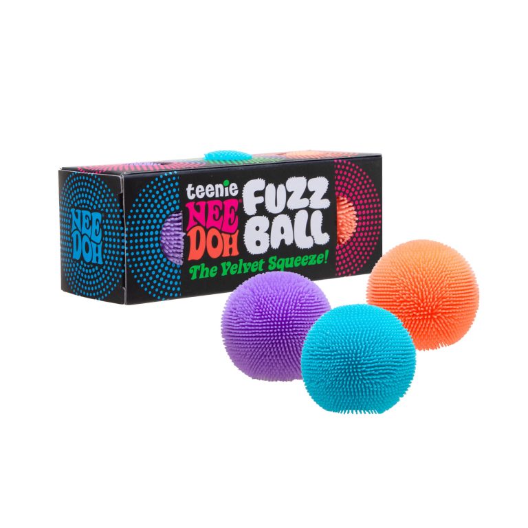 Teenie NeeDoh Fuzz Ball 3 pack of purple, blue and orange fuzzy squish balls