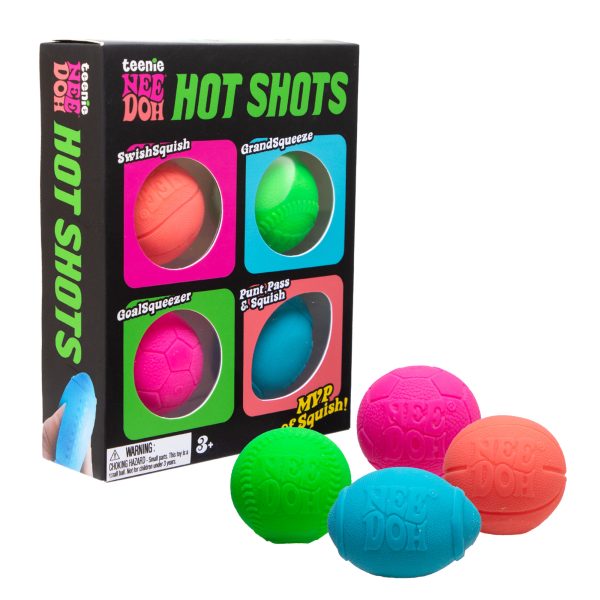 Teenie NeeDoh Hot Shots 4 pack of basketball, soccer ball and football squishes