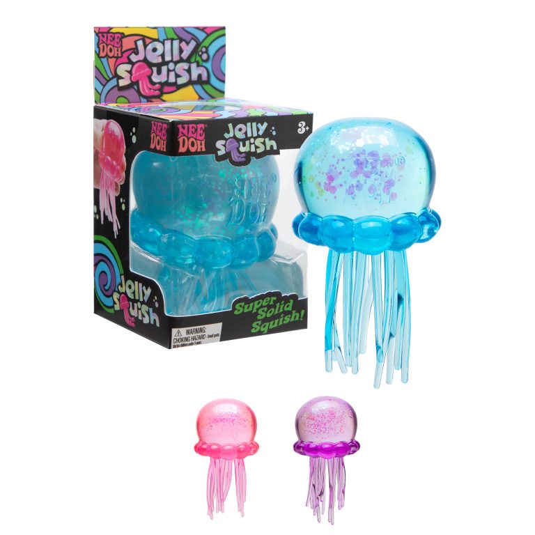 NeeDoh Jelly Squish jellyfish squish in blue with the box, plus pink and purple versions