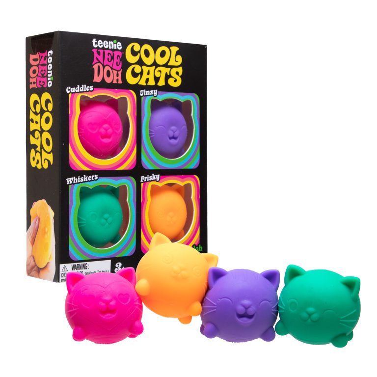 Teenie NeeDoh Cool Cats 4 pack of pink, orange, purple and green cat squishes with the box