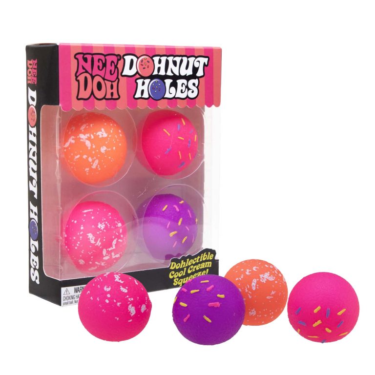 NeeDoh Dohnut Holes 4 pack of pink, orange and purple sprinkle squish balls with the box