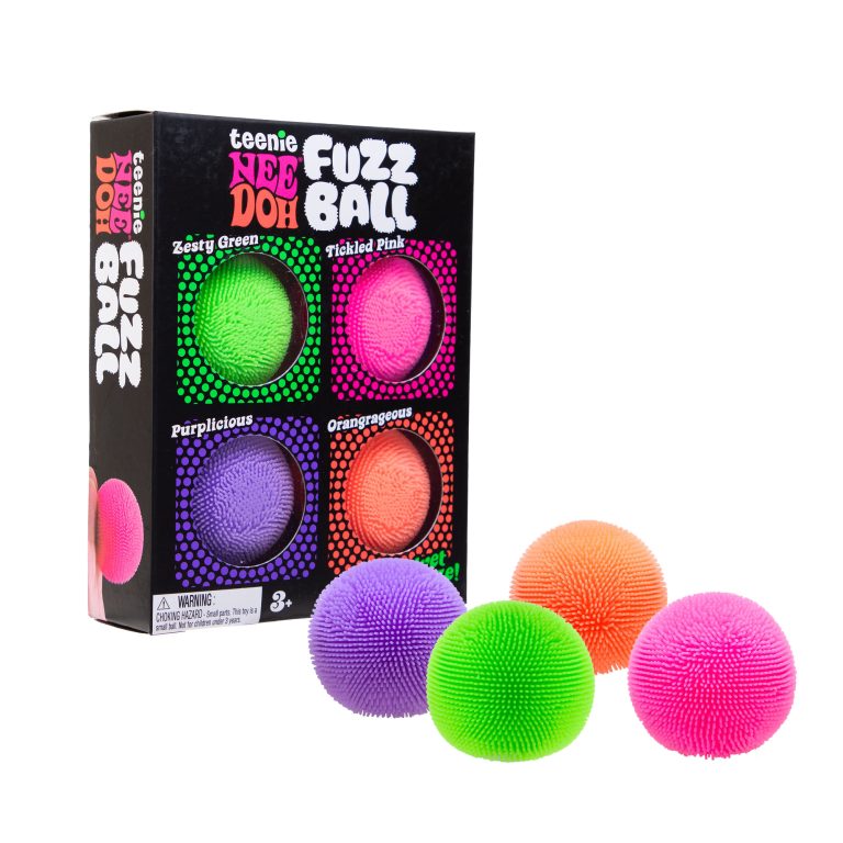 Teenie NeeDoh Fuzz Ball 4 pack of green, pink, purple and orange fuzzy squish balls