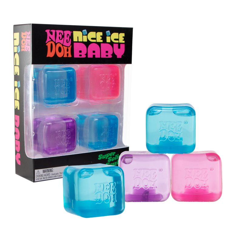 NeeDoh Nice Ice Baby 4 pack of blue, purple and pink ice cube squishes with the box