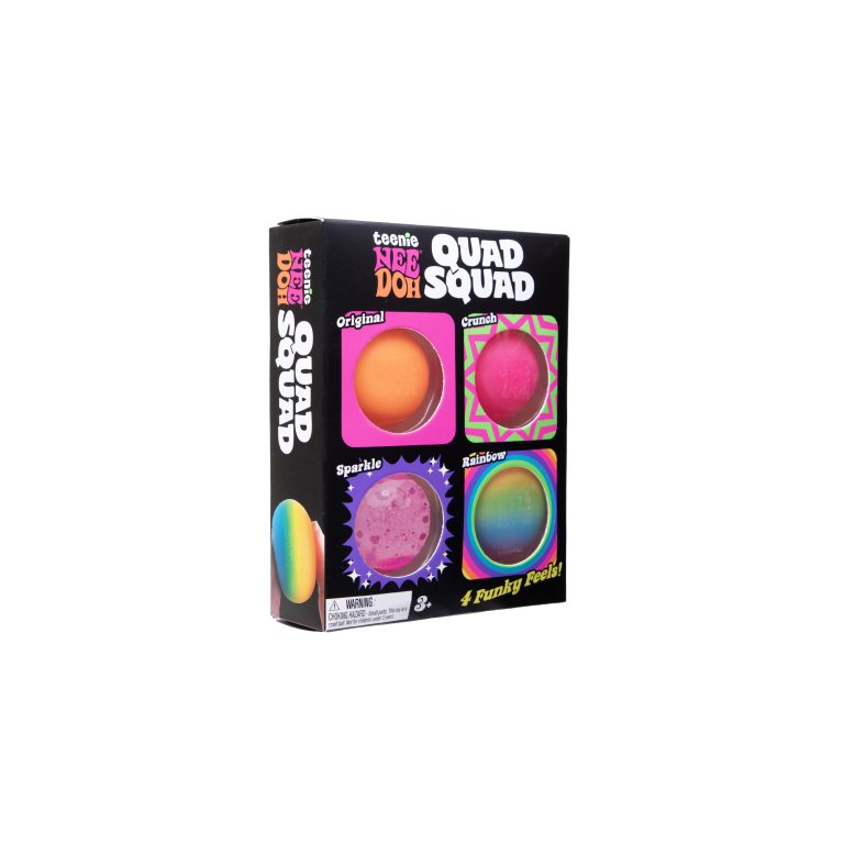 Teenie NeeDoh Quad Squad 4 pack box with original, crunch, sparkle and rainbow squish balls
