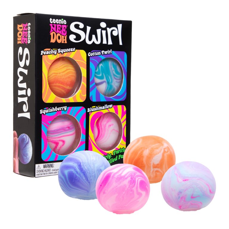 Teenie NeeDoh Swirl 4 pack of marbled squish balls in purple, pink, orange and blue