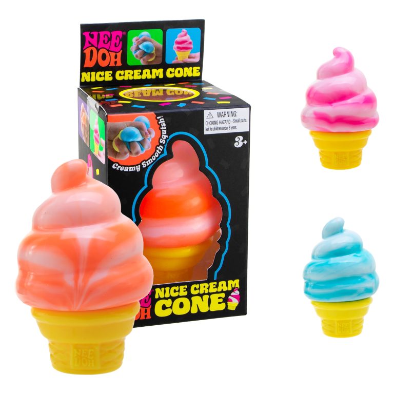 NeeDoh Nice Cream Cone ice cream squish in orange with the box, plus pink and blue versions
