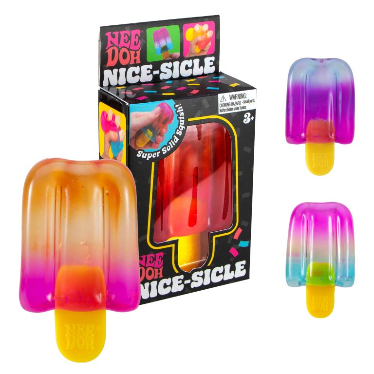 NeeDoh Nice-sicle popsicle squish in orange and pink with the box, plus two more colors