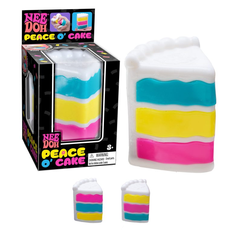NeeDoh Peace o' Cake layered cake slice squish in blue, yellow and pink with the box