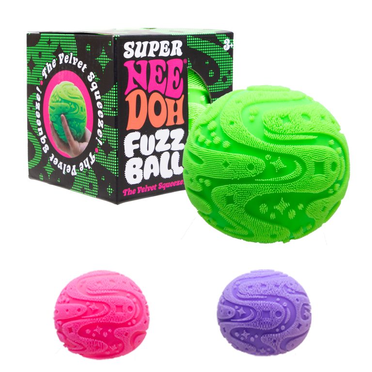 Super NeeDoh Fuzz Ball in green with the box, plus pink and purple versions