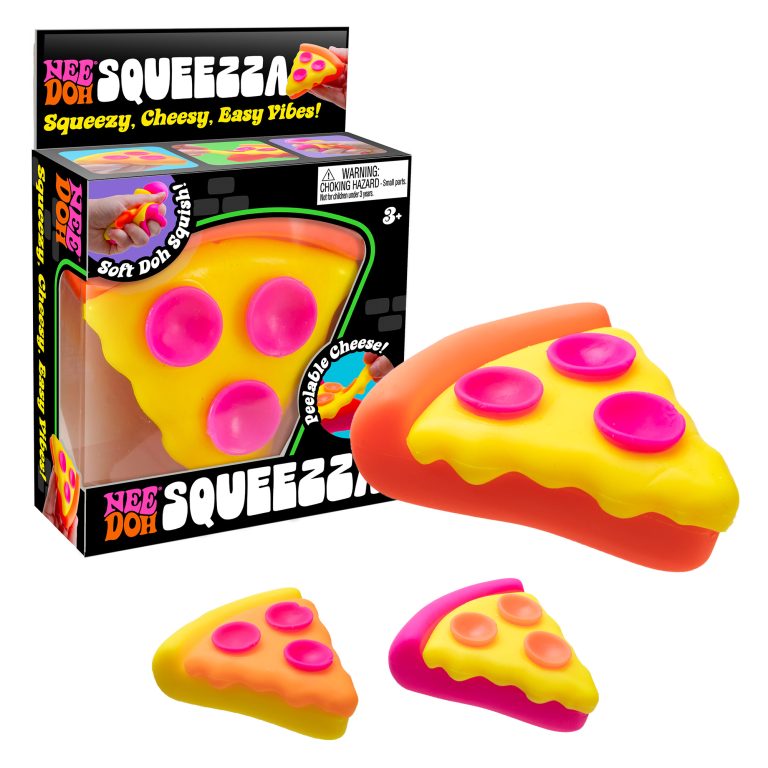NeeDoh Squeezza pizza slice squish with the box and two mini slices