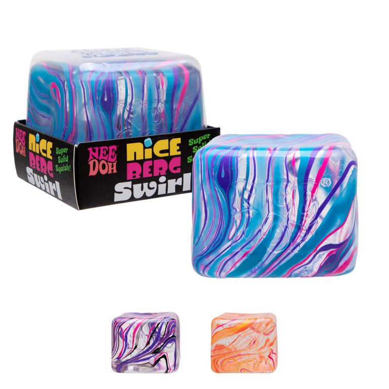 NeeDoh Nice Berg Swirl marbled cube squish with the box, plus purple and orange swirl versions