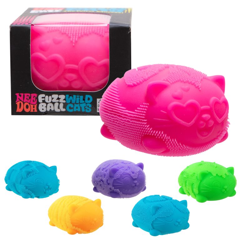 NeeDoh Fuzz Ball Wild Cats pink cat squish with heart eyes, the box and five more colors